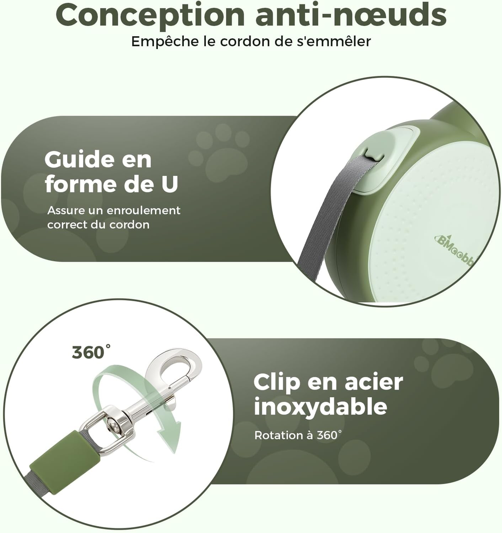 Laisse rétractable pour Chien 8m, Laisse rétractable avec Corde en Acier résistante aux morsures et Support pour Sac à crottes