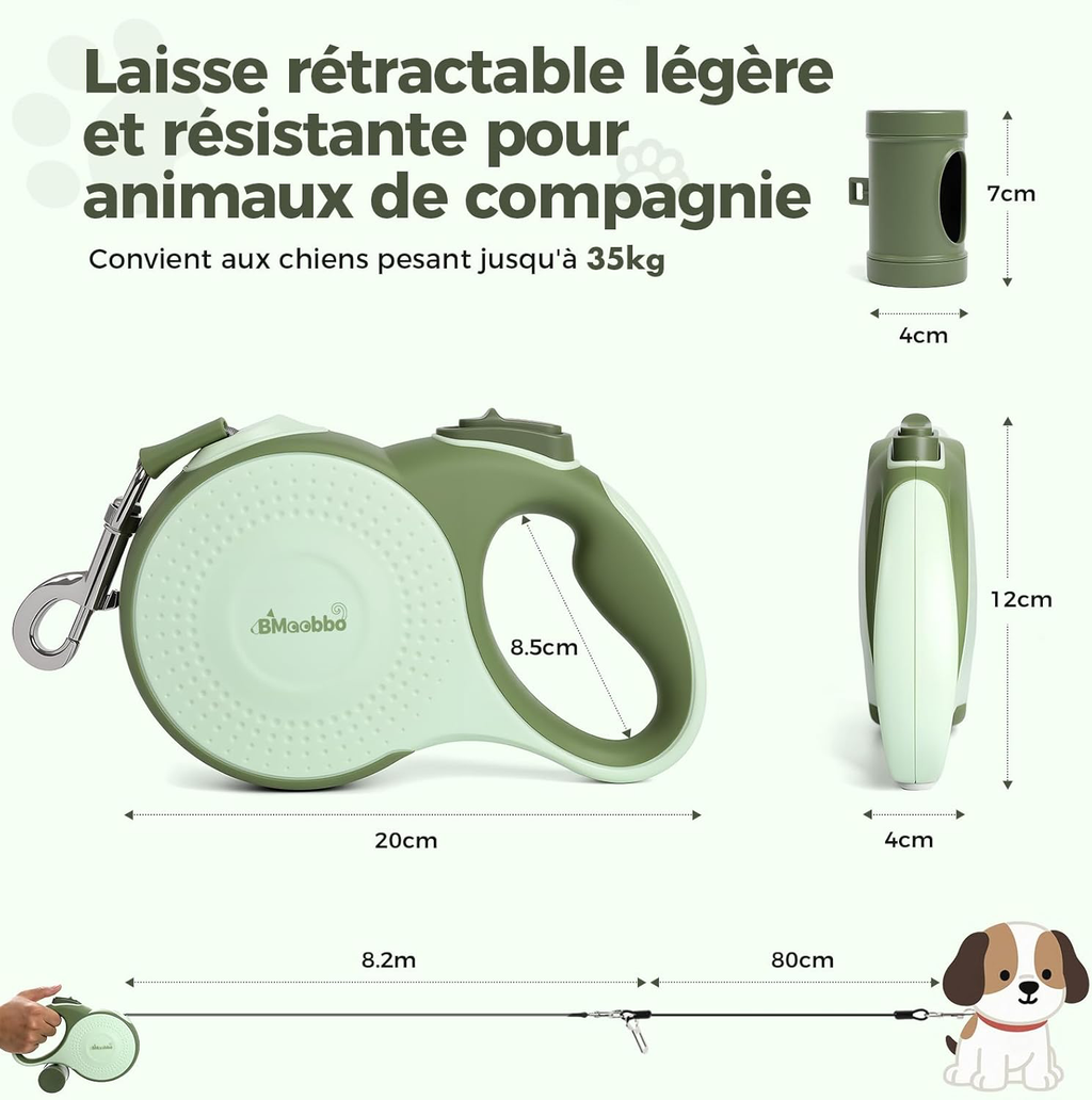 Laisse rétractable pour Chien 8m, Laisse rétractable avec Corde en Acier résistante aux morsures et Support pour Sac à crottes