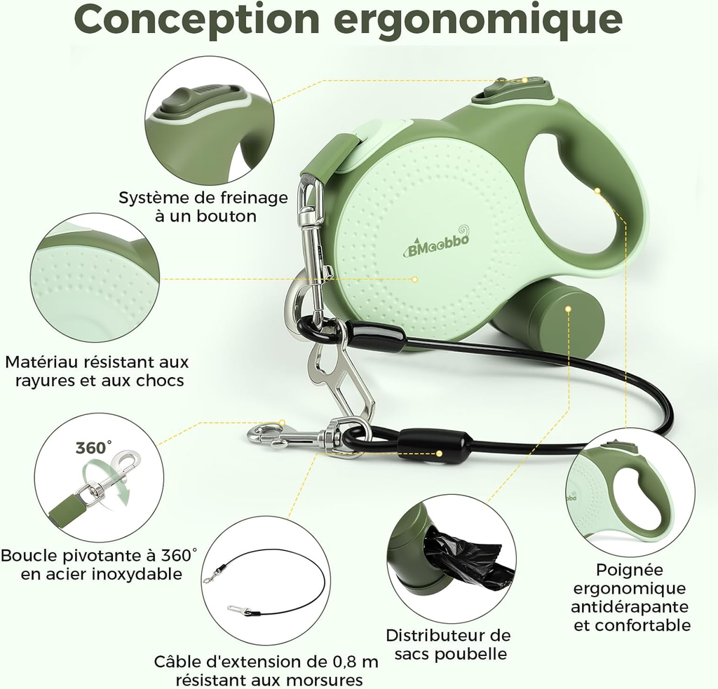 Laisse rétractable pour Chien 8m, Laisse rétractable avec Corde en Acier résistante aux morsures et Support pour Sac à crottes