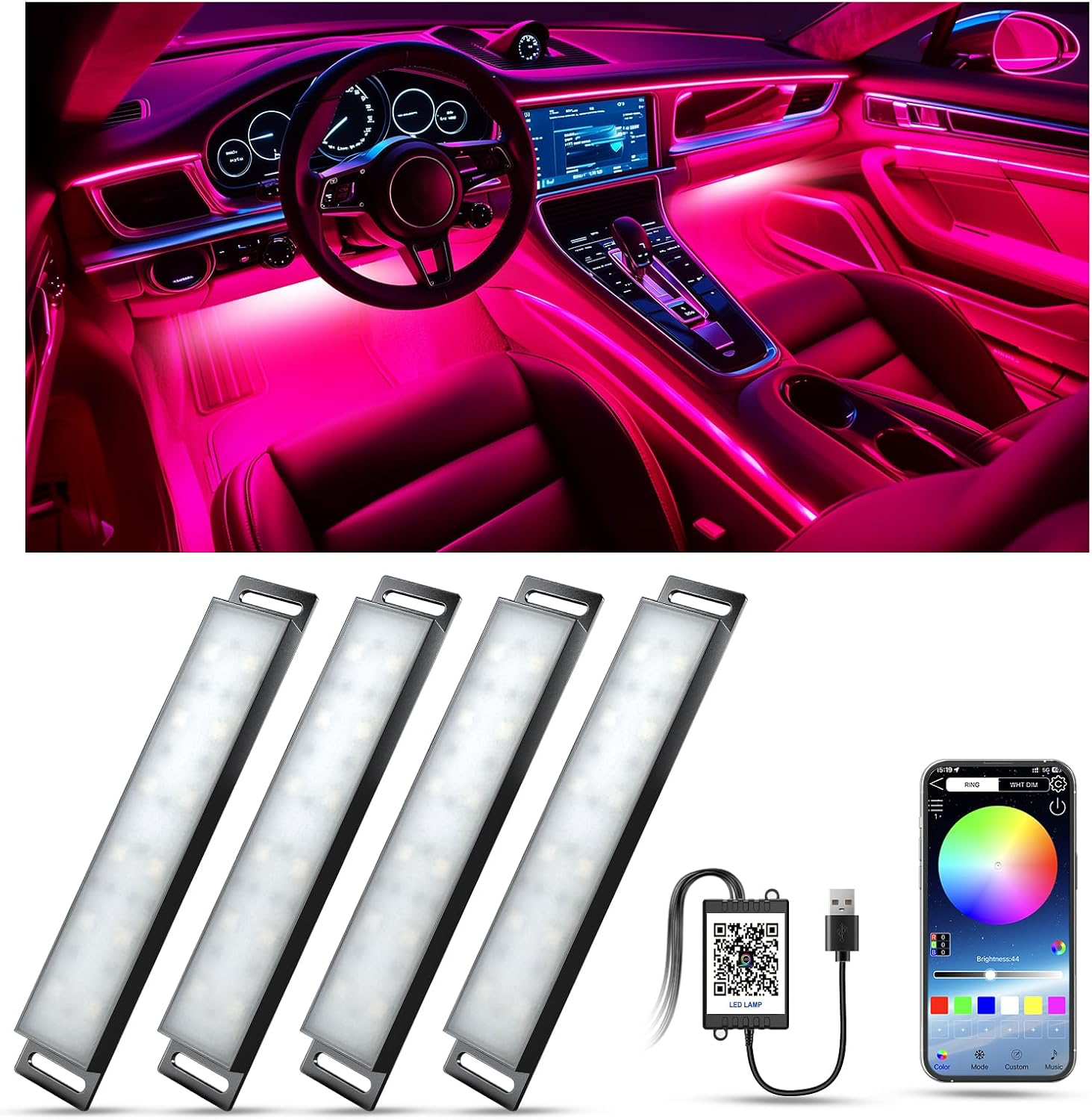 YiLaie Éclairage Intérieur de Voiture, USB LED Interieur Voiture avec ContrôLe App et 16 Millions de Couleurs