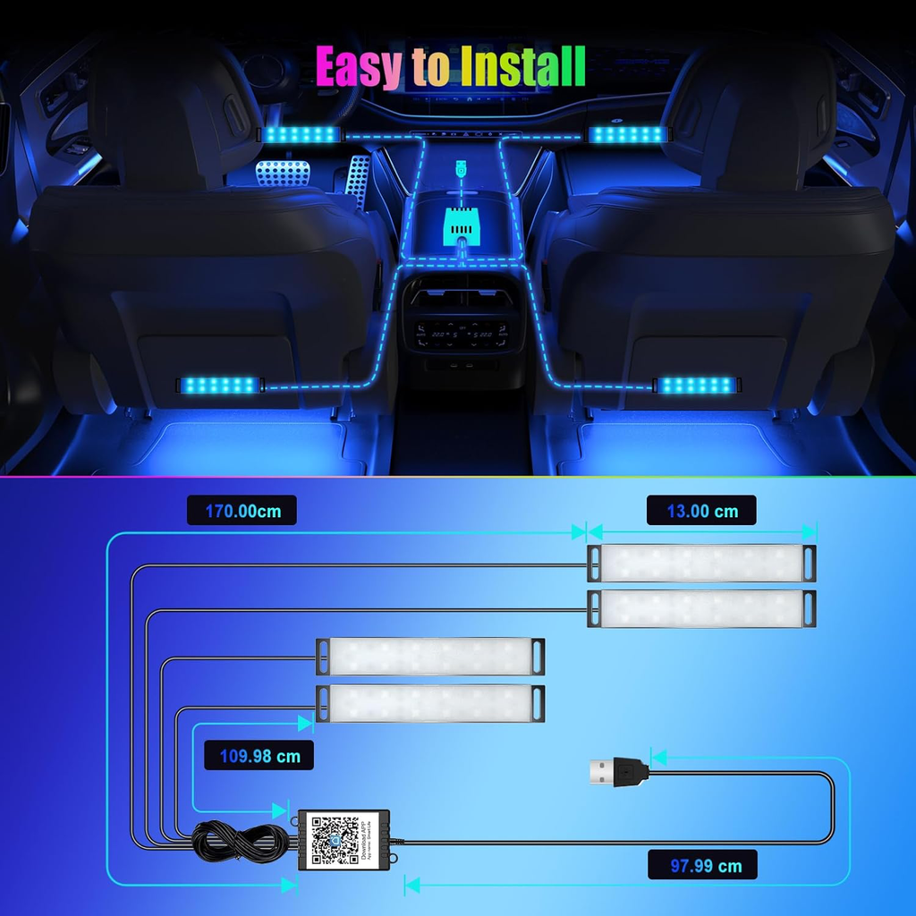 Éclairage Intérieur de Voiture, USB LED Interieur Voiture avec ContrôLe App et 16 Millions de Couleurs