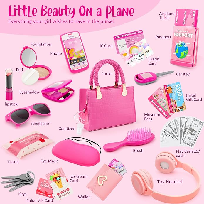 Sac à Main Petite Fille avec Accessoires - Maquillage Fille, Portefeuille, Un téléphone, Noël Cadeau d'anniversaire Jouets Filles 3 4 5 6 7 8 Ans