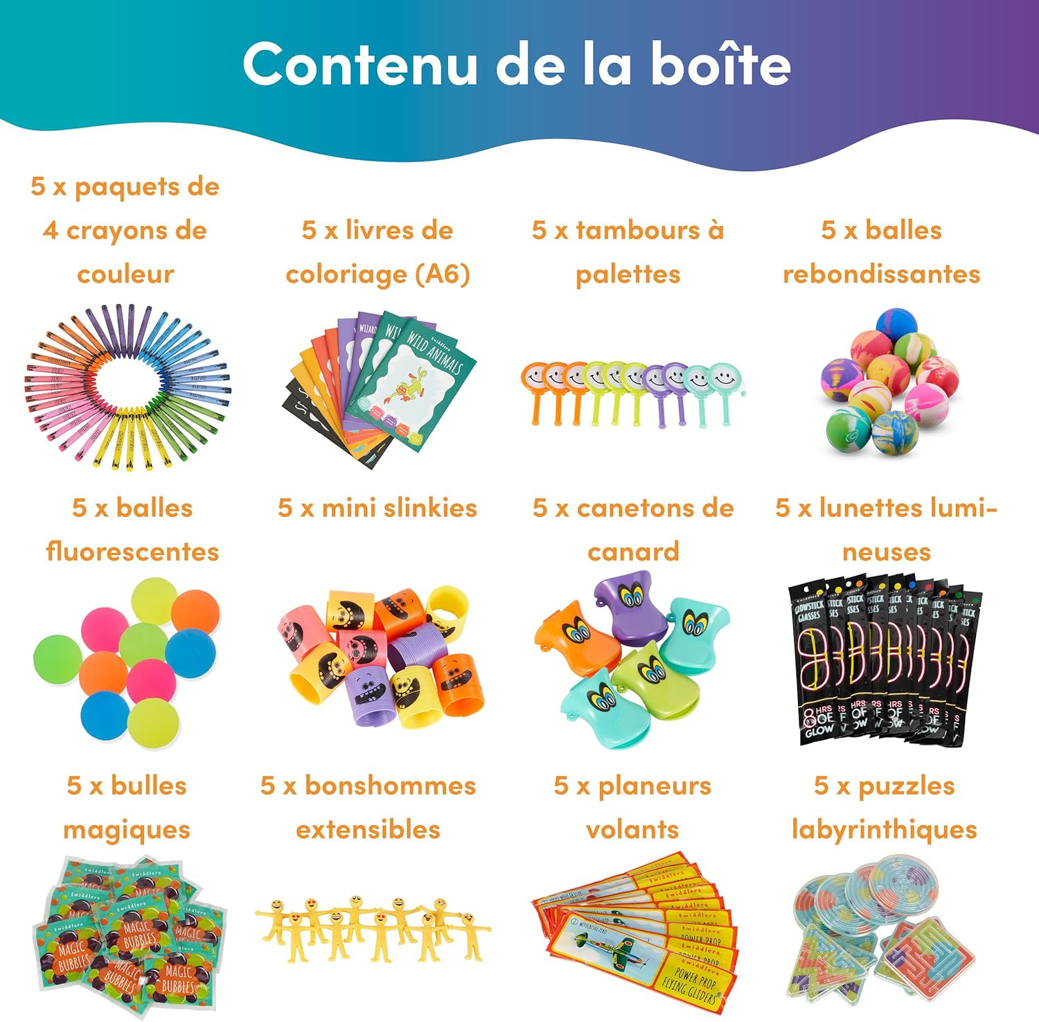 THE TWIDDLERS Lot de 60 cadeaux premium pour anniversaire d'enfant pour filles et garçons - Sacs cadeaux remplis de jouets