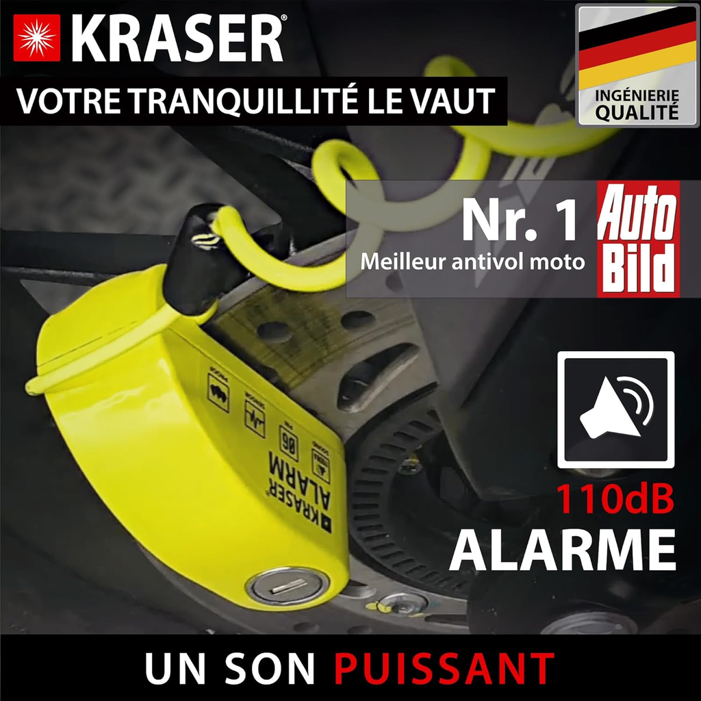 Antivol Moto, Bloque Disque Alarme 110db, Renforcé, 3 clés (2 autres) Serrure Haute Sécurité