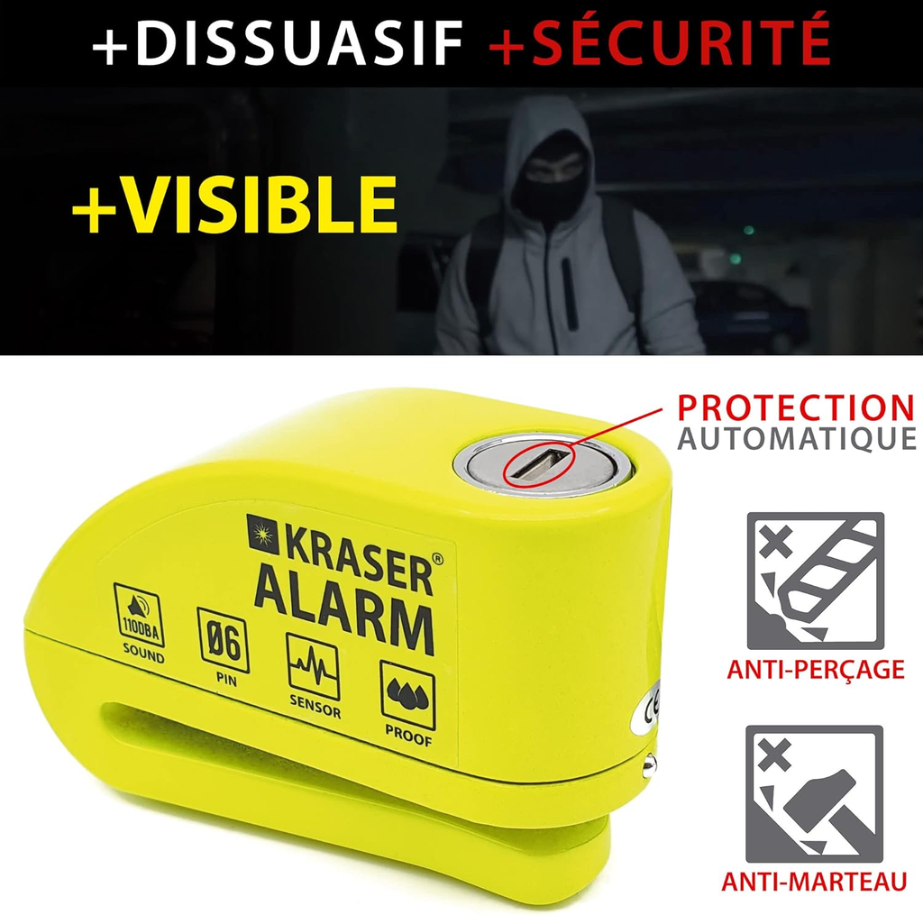 Antivol Moto, Bloque Disque Alarme 110db, Renforcé, 3 clés (2 autres) Serrure Haute Sécurité