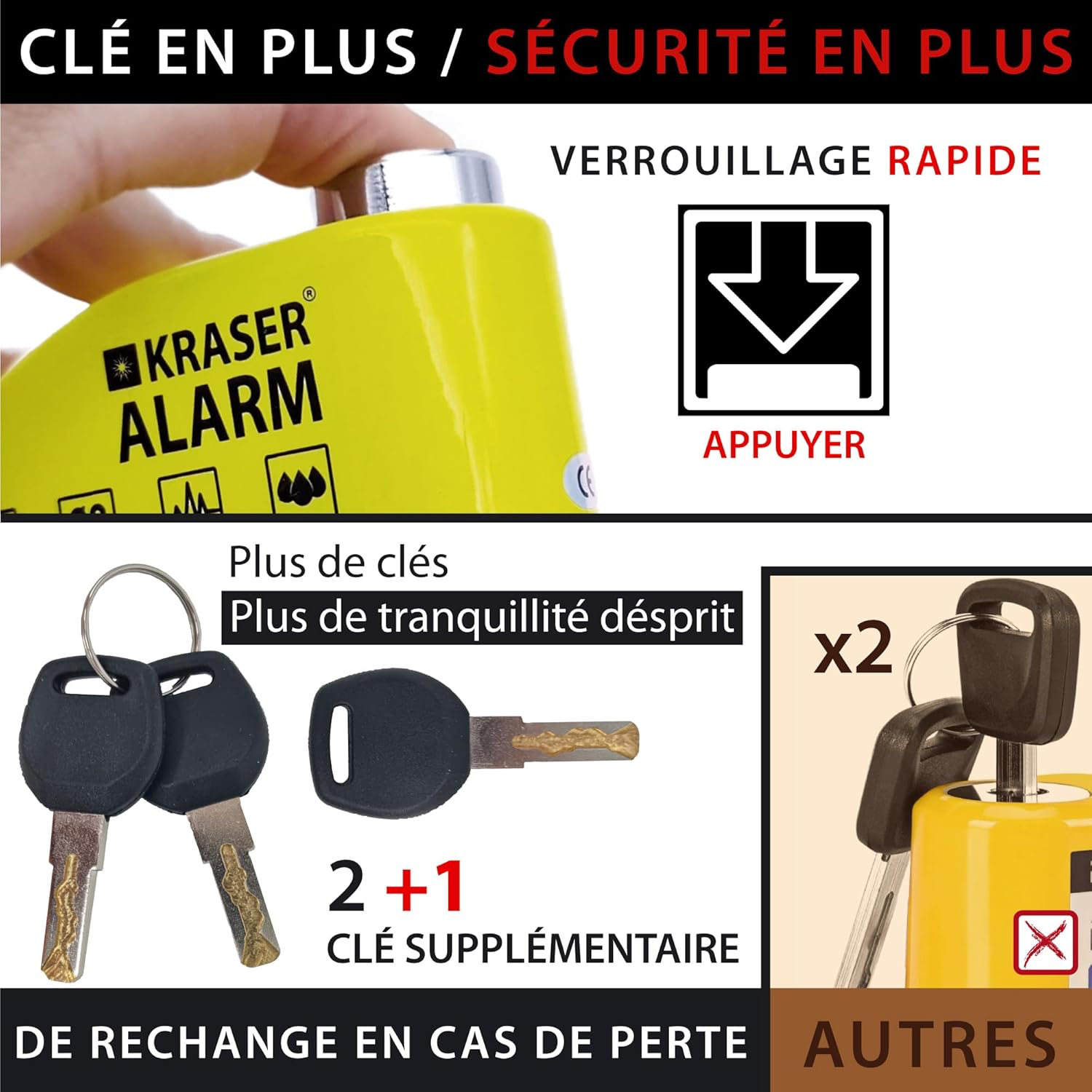 Antivol Moto, Bloque Disque Alarme 110db, Renforcé, 3 clés (2 autres) Serrure Haute Sécurité