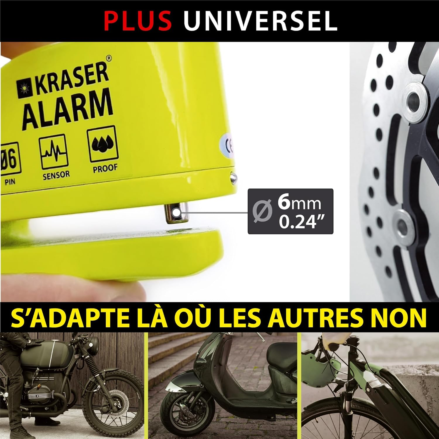 KRASER KR6Y Antivol Moto, Bloque Disque Alarme 110db, Renforcé, 3 clés (2 autres) Serrure Haute Sécurité