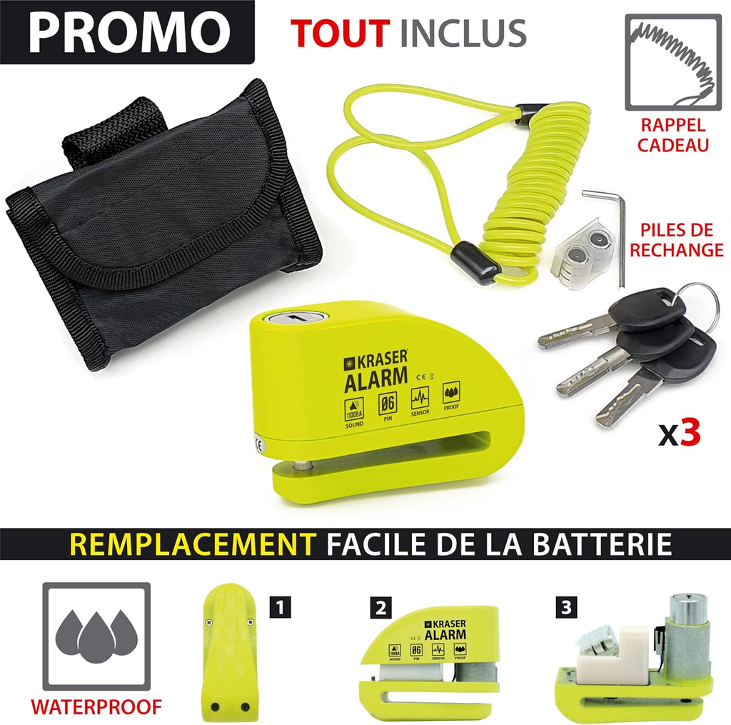Antivol Moto, Bloque Disque Alarme 110db, Renforcé, 3 clés (2 autres) Serrure Haute Sécurité