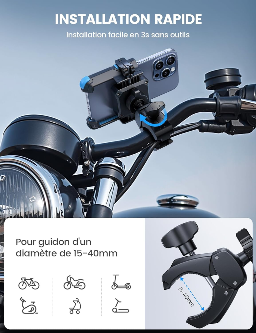 Support Téléphone Vélo, Support Téléphone Moto - [1S Verrouillage] 360° Rotation