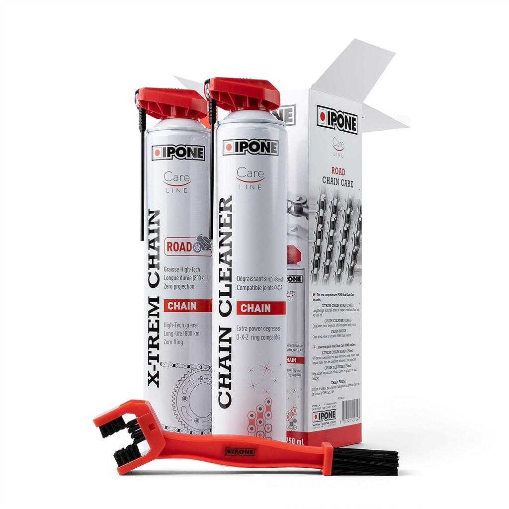 IPONE – Pack Entretien Chaine Moto Route – Road Care – CHAIN CLEANER 750 ML + X-TREM CHAIN ROAD 750 ML + Brosse de Chaîne