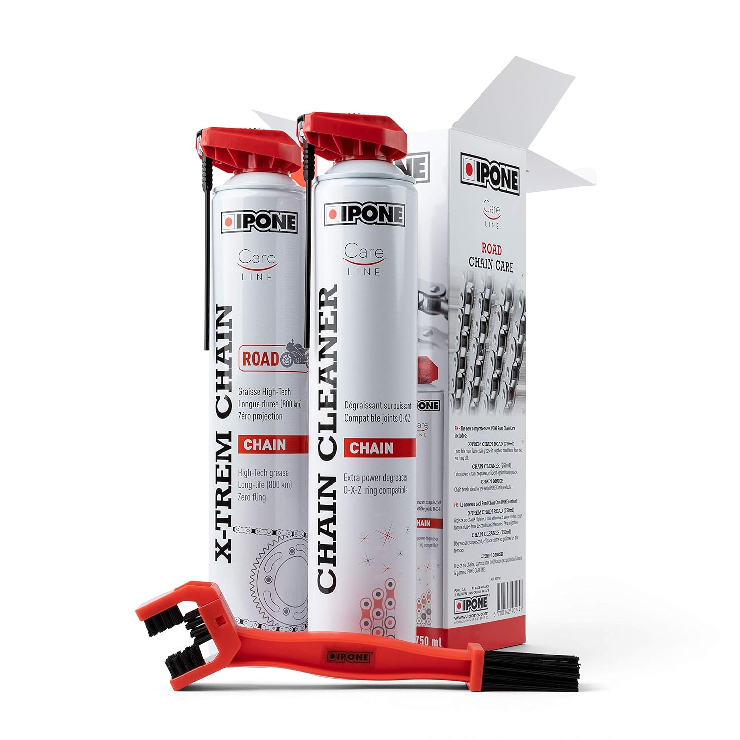 IPONE – Pack Entretien Chaine Moto Route – Road Care – CHAIN CLEANER 750 ML + X-TREM CHAIN ROAD 750 ML + Brosse de Chaîne