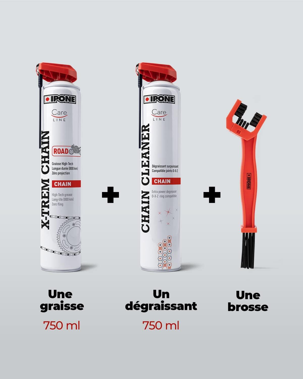 IPONE – Pack Entretien Chaine Moto Route – Road Care – CHAIN CLEANER 750 ML + X-TREM CHAIN ROAD 750 ML + Brosse de Chaîne