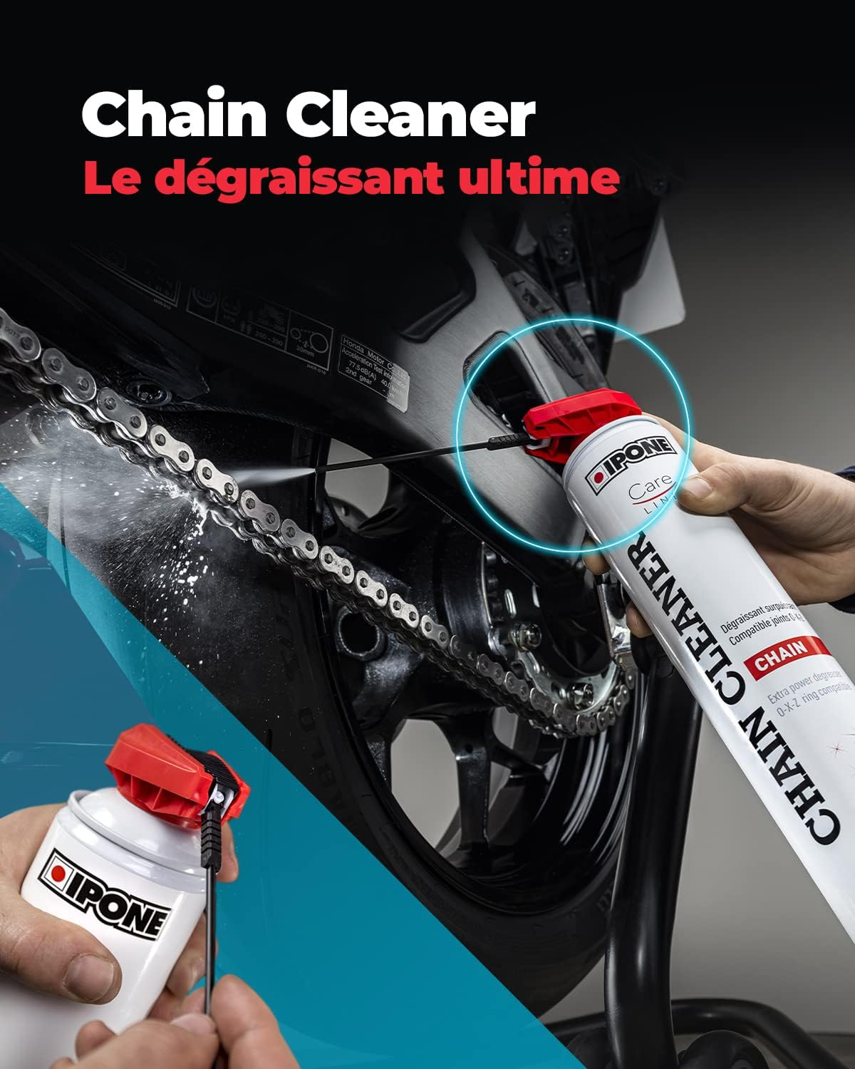 IPONE – Pack Entretien Chaine Moto Route – Road Care – CHAIN CLEANER 750 ML + X-TREM CHAIN ROAD 750 ML + Brosse de Chaîne