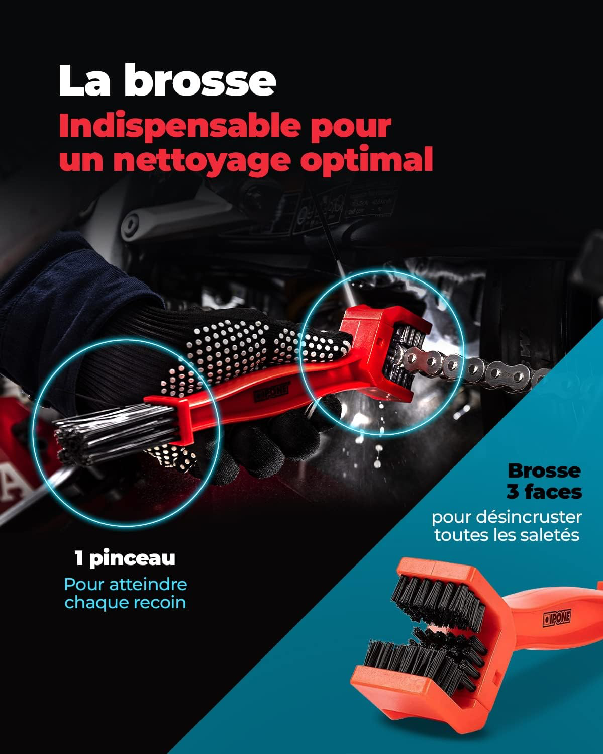 IPONE – Pack Entretien Chaine Moto Route – Road Care – CHAIN CLEANER 750 ML + X-TREM CHAIN ROAD 750 ML + Brosse de Chaîne