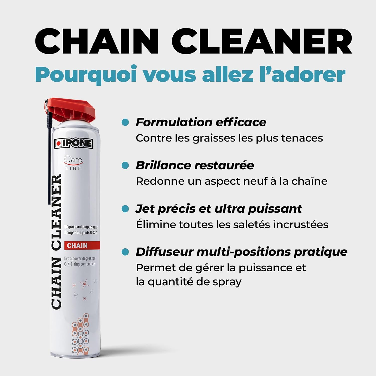 IPONE – Dégraissant Chaine Moto - Chain Cleaner – Diffuseur Multi-positions 750 ml – Efficace Contre les Graisses les Plus Tenaces – Nettoie et Fait Briller - Pulvérisation Puissante