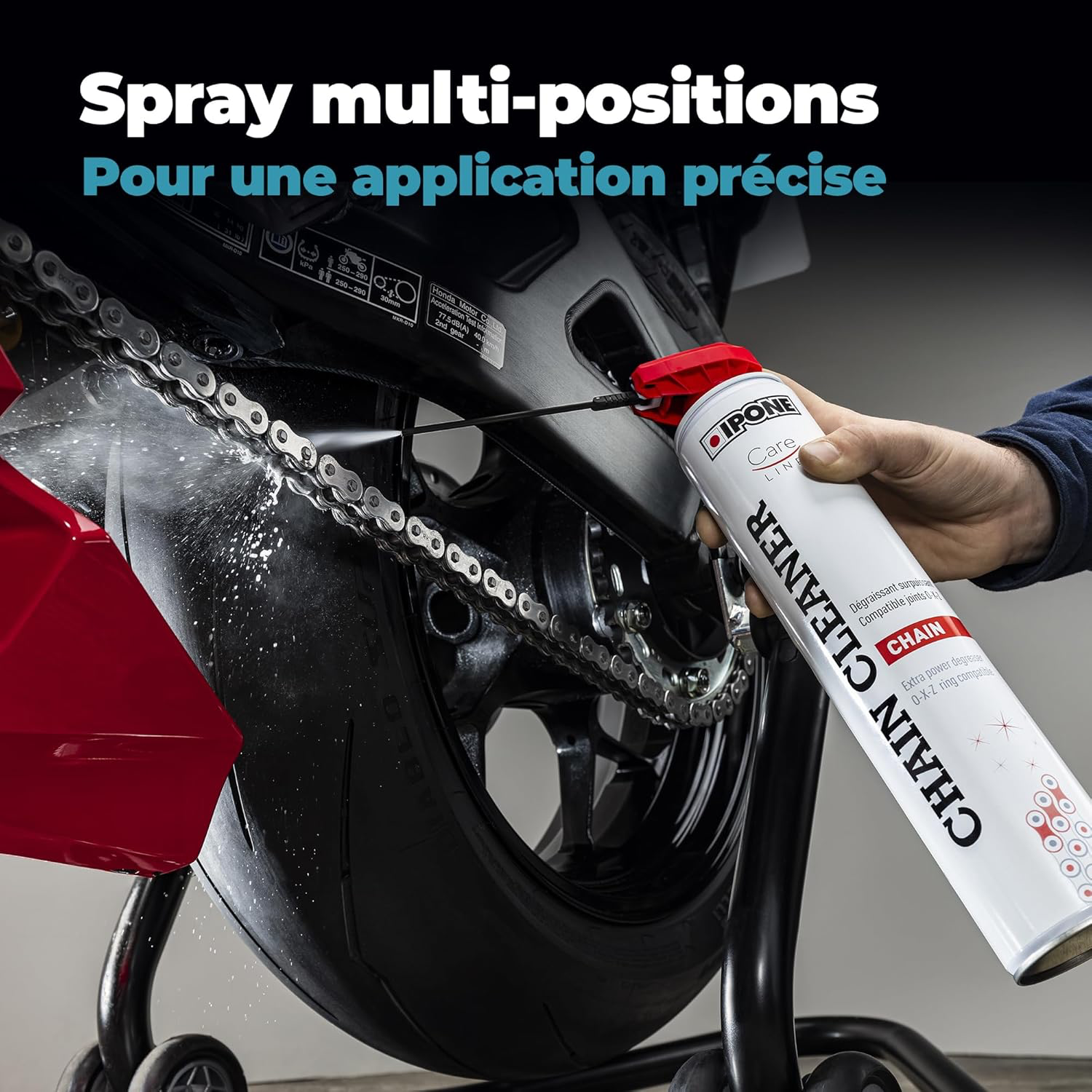 IPONE – Dégraissant Chaine Moto - Chain Cleaner – Diffuseur Multi-positions 750 ml – Efficace Contre les Graisses les Plus Tenaces – Nettoie et Fait Briller - Pulvérisation Puissante