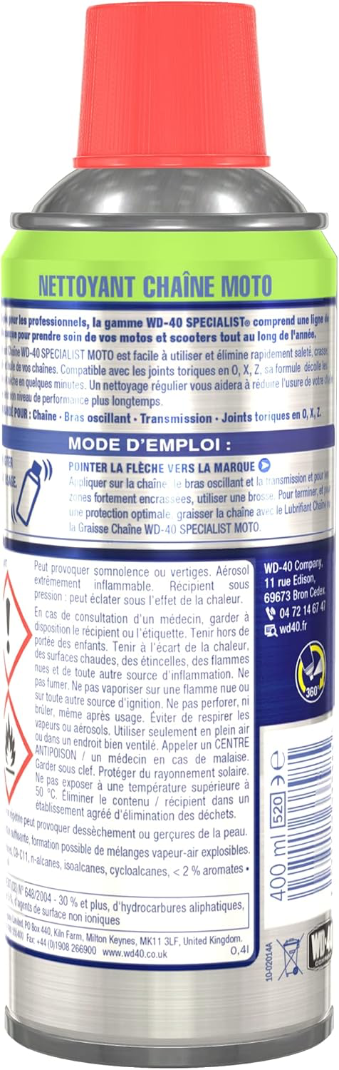 WD-40 Specialist Moto • Nettoyant Chaîne • Aérosol • Sèche rapidement • Ne laisse pas de résidus • Aide à réduire l'usure • 400 ML