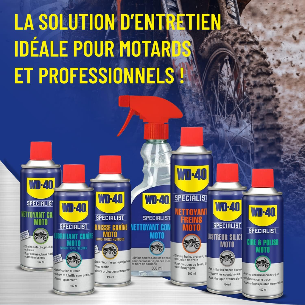 WD-40 Specialist Moto • Nettoyant Chaîne • Aérosol • Sèche rapidement • Ne laisse pas de résidus • Aide à réduire l'usure • 400 ML