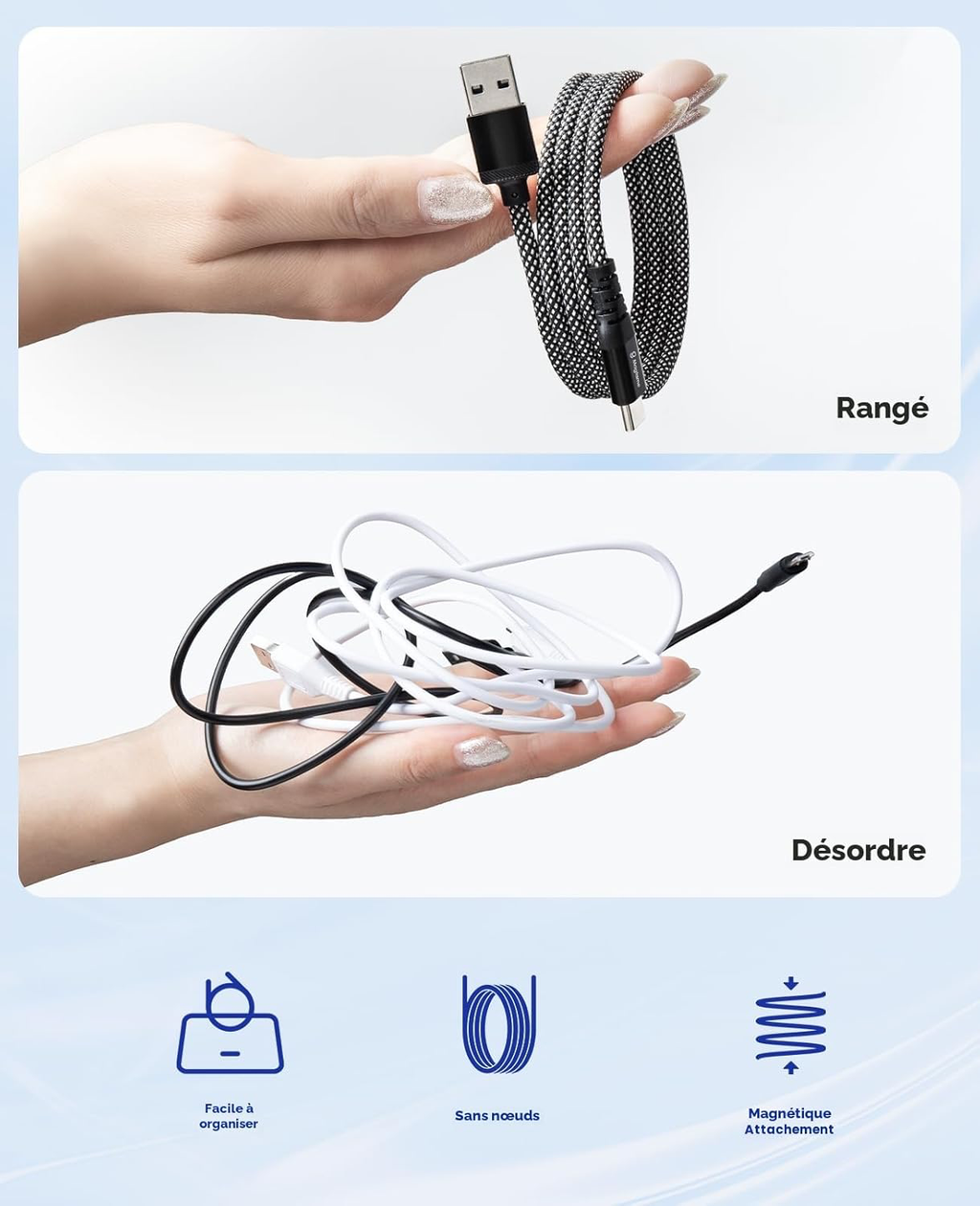 Câble magnétique USB C, USBA enroulé élastique vers USB-C, USBC rétractable de 1 m, câbles de charge rapide en nylon tressé de type-C