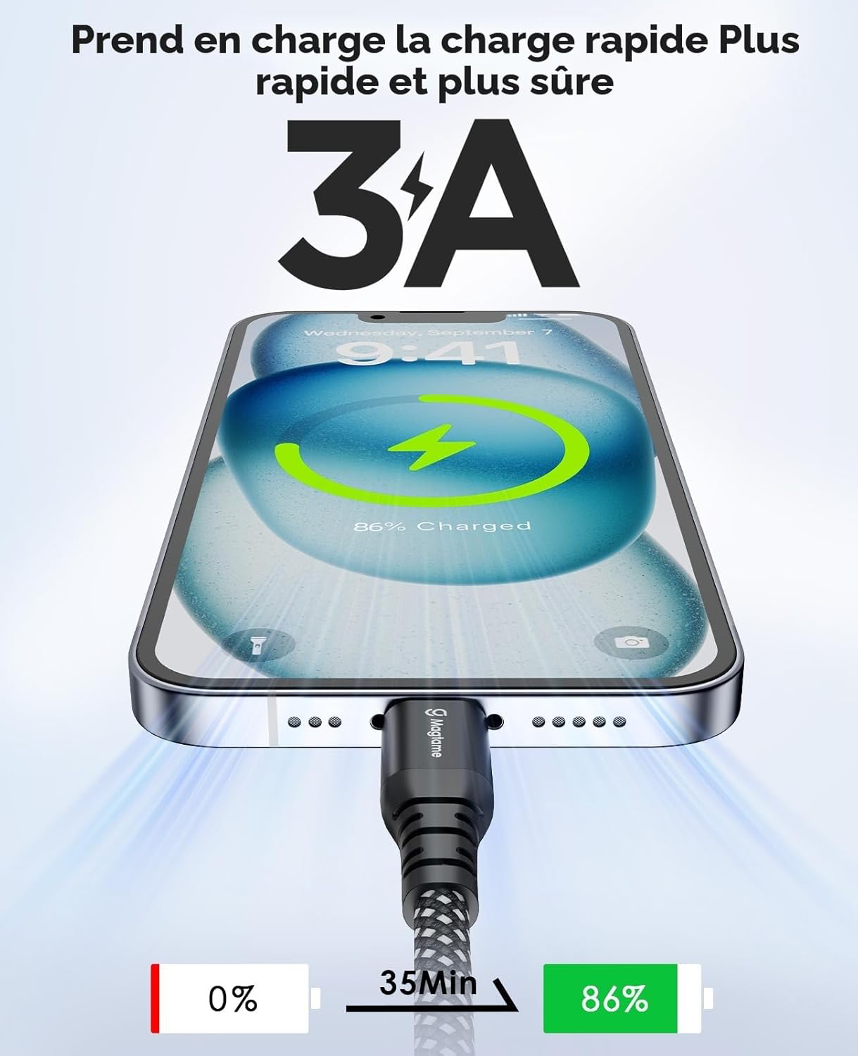 Magtame Câble magnétique USB C, USBA enroulé élastique vers USB-C, USBC rétractable de 1 m, câbles de charge rapide en nylon tressé de type-C