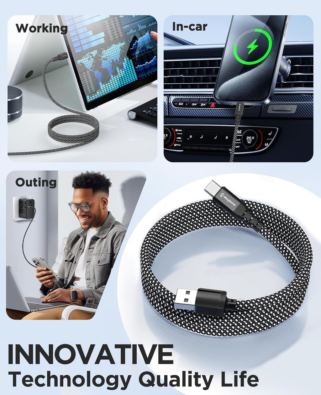 Câble magnétique USB C, USBA enroulé élastique vers USB-C, USBC rétractable de 1 m, câbles de charge rapide en nylon tressé de type-C