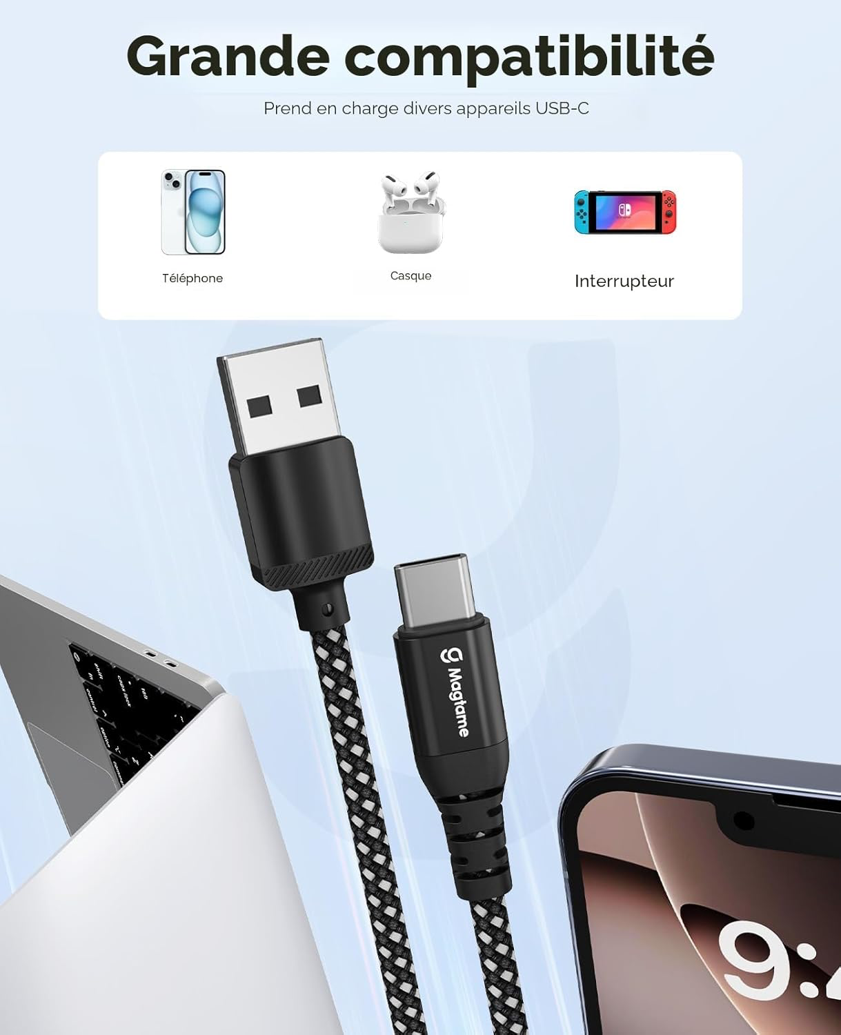 Câble magnétique USB C, USBA enroulé élastique vers USB-C, USBC rétractable de 1 m, câbles de charge rapide en nylon tressé de type-C