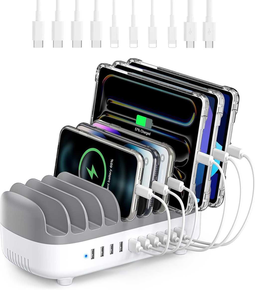 120W Station De Charge pour Plusieurs Appareils, Niveau 10 Ports USB Charging Station, Compatible avec iPhone,iPads, Android et Tablettes(avec 10 Cables de Recharge Blanc)