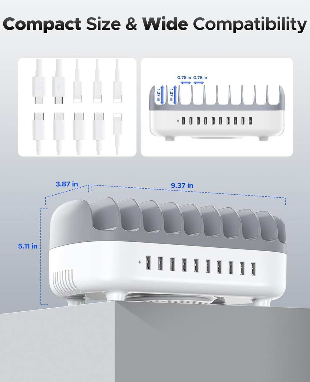 120W Station De Charge pour Plusieurs Appareils, Niveau 10 Ports USB Charging Station, Compatible avec iPhone,iPads, Android et Tablettes(avec 10 Cables de Recharge Blanc)