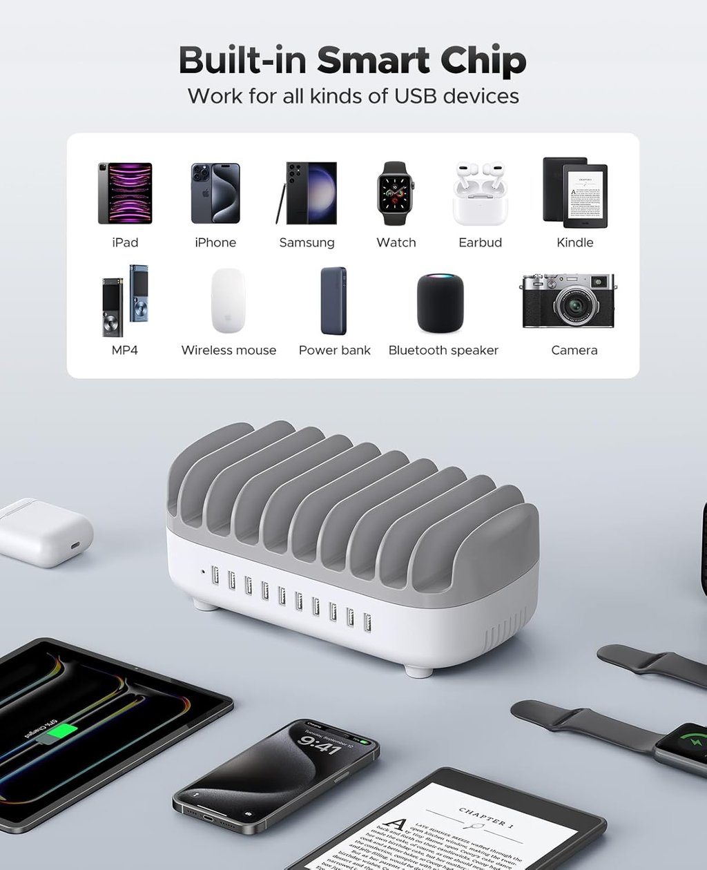 120W Station De Charge pour Plusieurs Appareils, Niveau 10 Ports USB Charging Station, Compatible avec iPhone,iPads, Android et Tablettes(avec 10 Cables de Recharge Blanc)