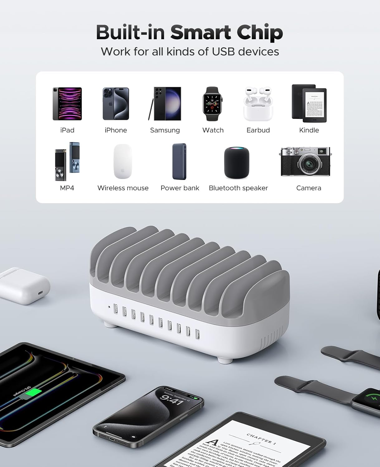 120W Station De Charge pour Plusieurs Appareils, Niveau 10 Ports USB Charging Station, Compatible avec iPhone,iPads, Android et Tablettes(avec 10 Cables de Recharge Blanc)