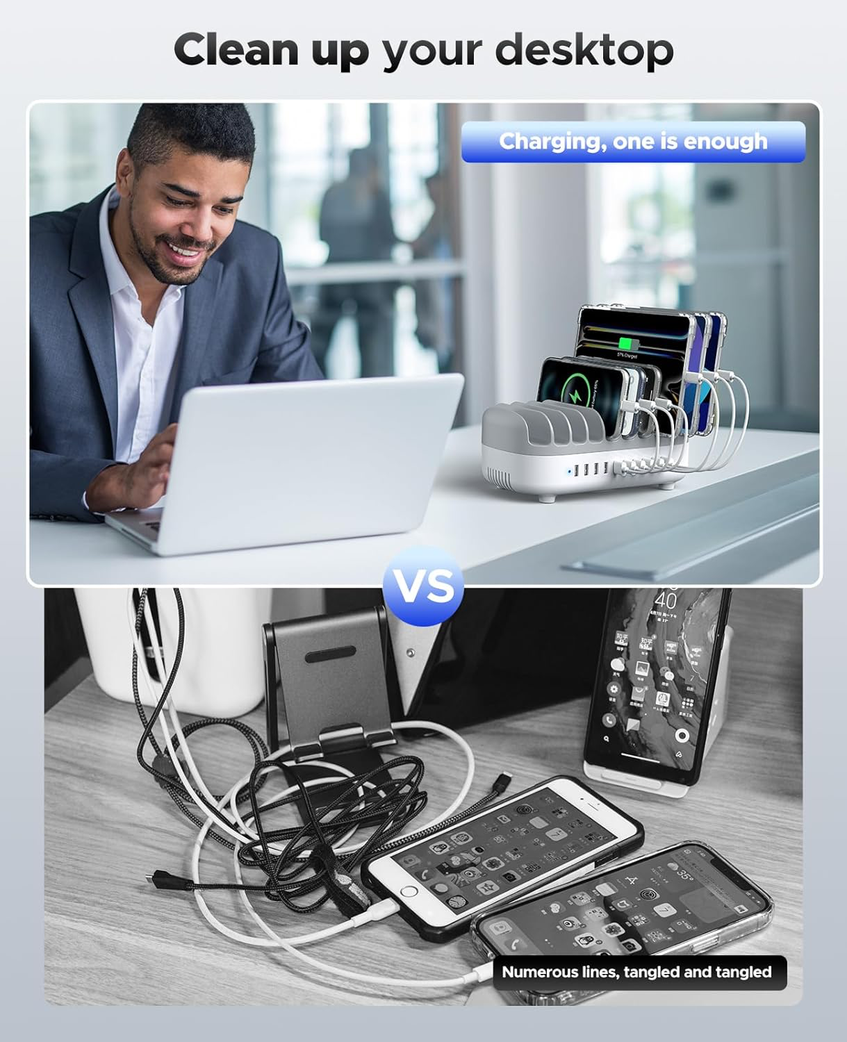 120W Station De Charge pour Plusieurs Appareils, Niveau 10 Ports USB Charging Station, Compatible avec iPhone,iPads, Android et Tablettes(avec 10 Cables de Recharge Blanc)