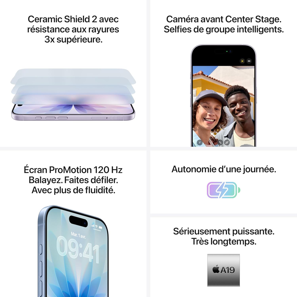 Apple iPhone 17 256 Go : Écran 6,3 pouces avec ProMotion, Puce A19, Caméra avant Center Stage, Meilleure résistance aux rayures, Autonomie d’une journée
