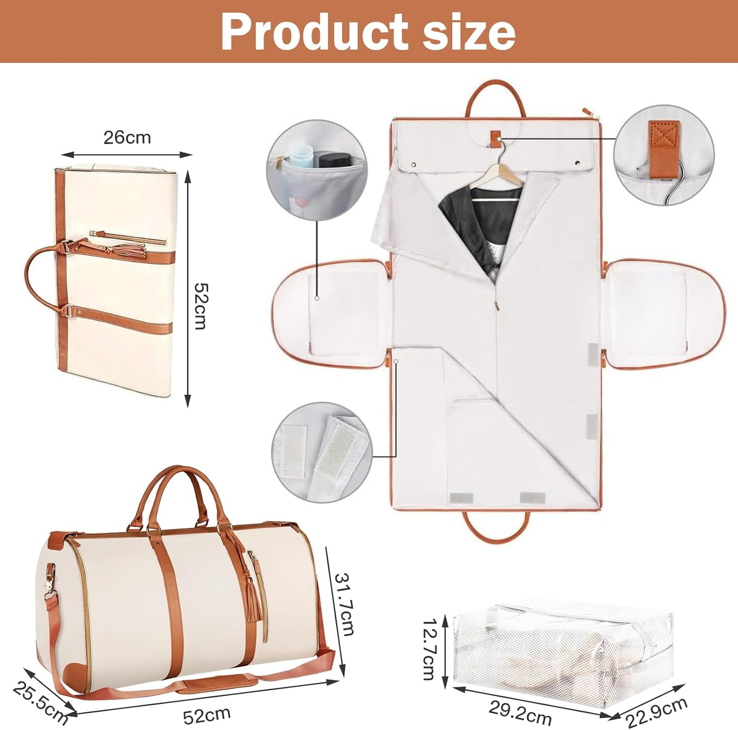 Sac de Voyage Pliable, Sac Voyage Cabine, Sac de Sport Femme Etanche, Grande Travel Bag, Sac Weekend Femme, Portable Duffle Bag, Valise Suspendue 2 en 1, Sac de Vetement Pliable Voyage (Blanc)