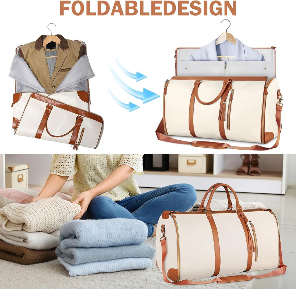 Sac de Voyage Pliable, Sac Voyage Cabine, Sac de Sport Femme Etanche, Grande Travel Bag, Sac Weekend Femme, Portable Duffle Bag, Valise Suspendue 2 en 1, Sac de Vetement Pliable Voyage (Blanc)