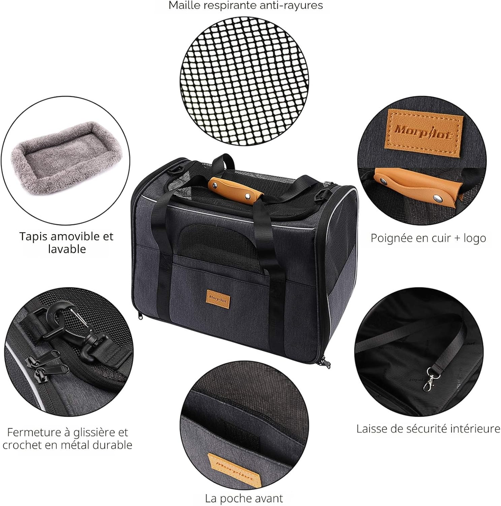 Sac Transport Chat Chien, Caisse de Transport Chat Respirant et Pliable Cage Transport Chat avec Matelas en Peluche Amovible + Bol (Accepté au Maximum 15lbs/7kg，44 * 31 * 34cm)