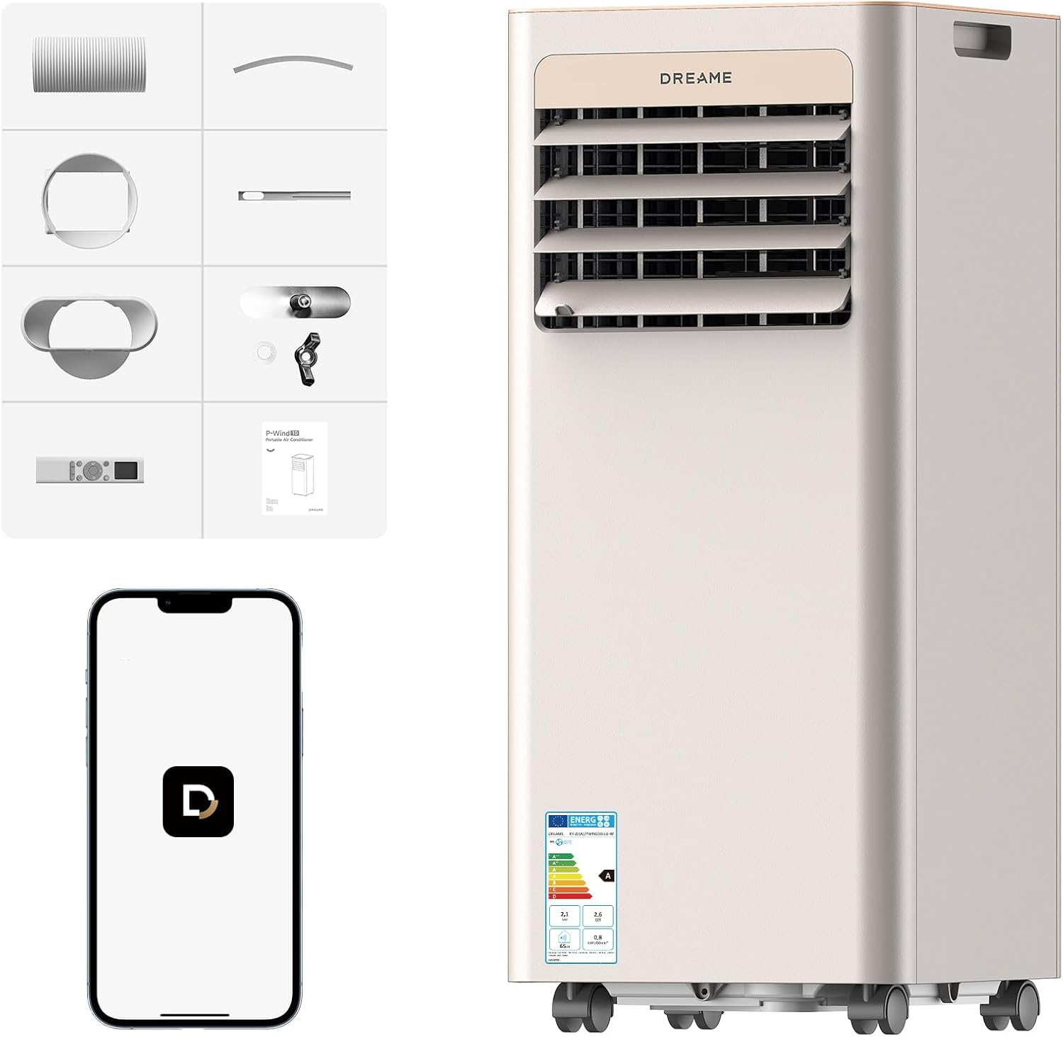 Climatiseur portable 3-en-1 : Refroidissement, Déshumidification et Ventilateur, flux d’air 3D, contrôle via appli et télécommande, mode sommeil, installation facile