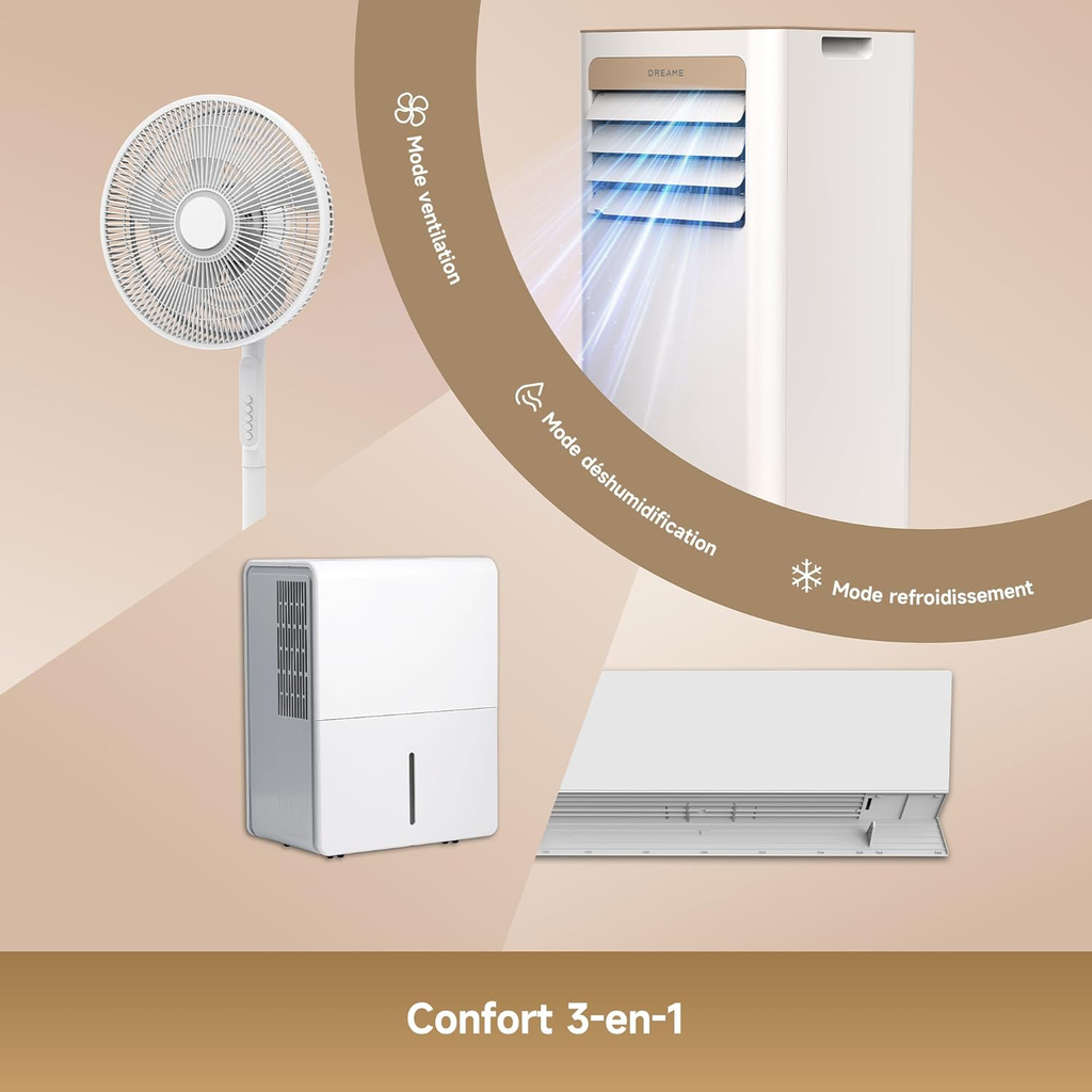 Climatiseur portable 3-en-1 : Refroidissement, Déshumidification et Ventilateur, flux d’air 3D, contrôle via appli et télécommande, mode sommeil, installation facile