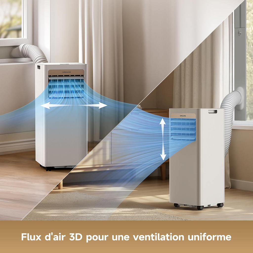 Climatiseur portable 3-en-1 : Refroidissement, Déshumidification et Ventilateur, flux d’air 3D, contrôle via appli et télécommande, mode sommeil, installation facile