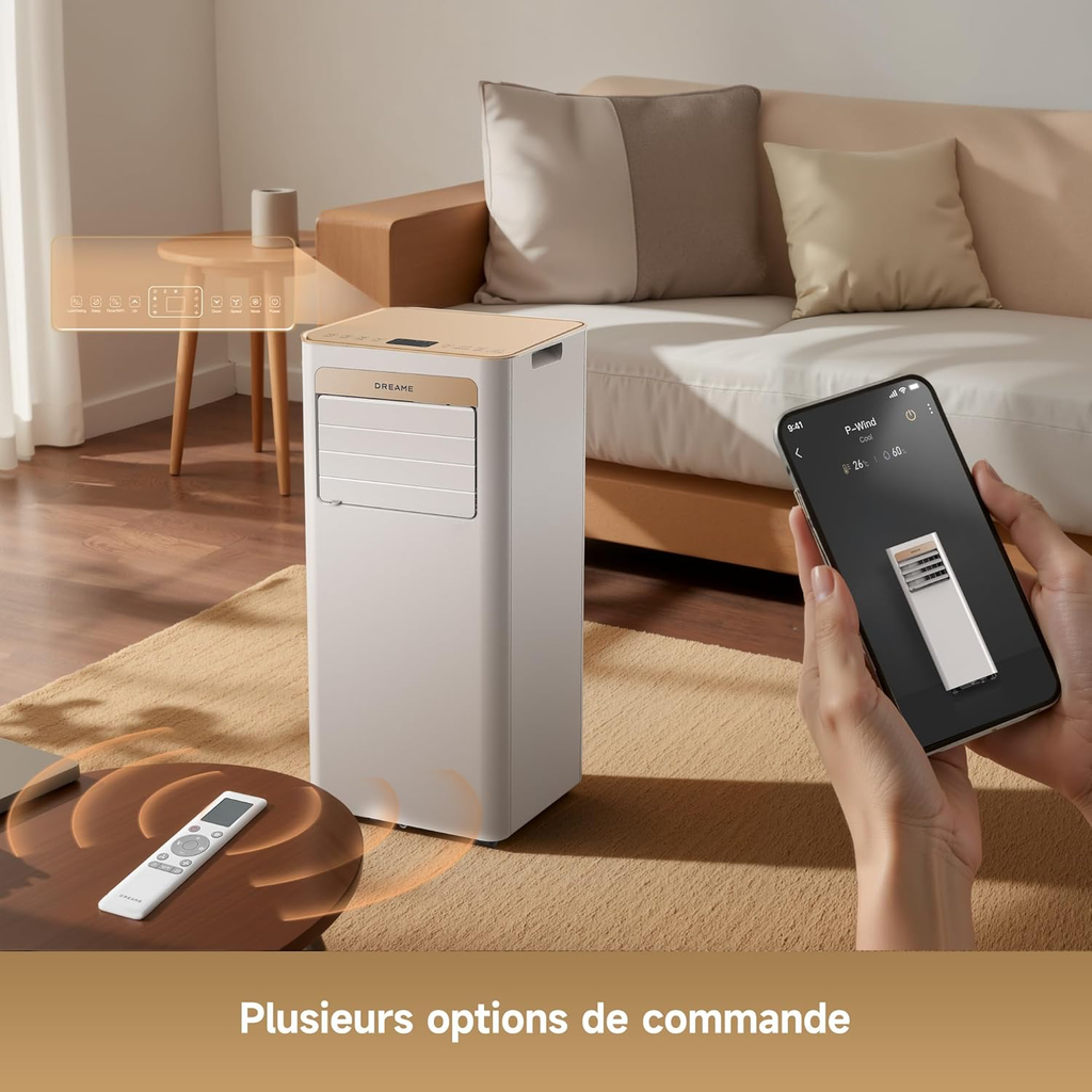 Climatiseur portable 3-en-1 : Refroidissement, Déshumidification et Ventilateur, flux d’air 3D, contrôle via appli et télécommande, mode sommeil, installation facile