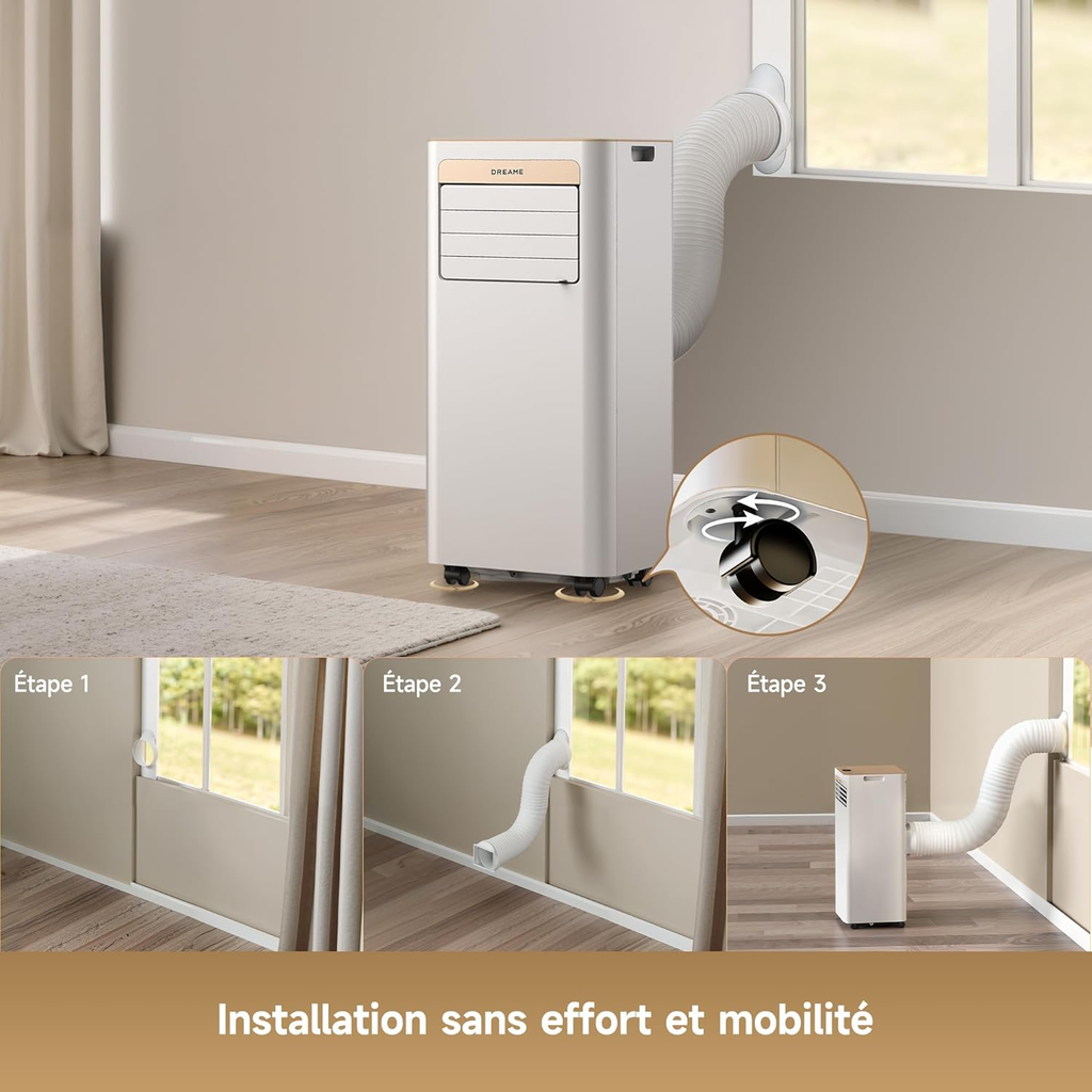 Climatiseur portable 3-en-1 : Refroidissement, Déshumidification et Ventilateur, flux d’air 3D, contrôle via appli et télécommande, mode sommeil, installation facile
