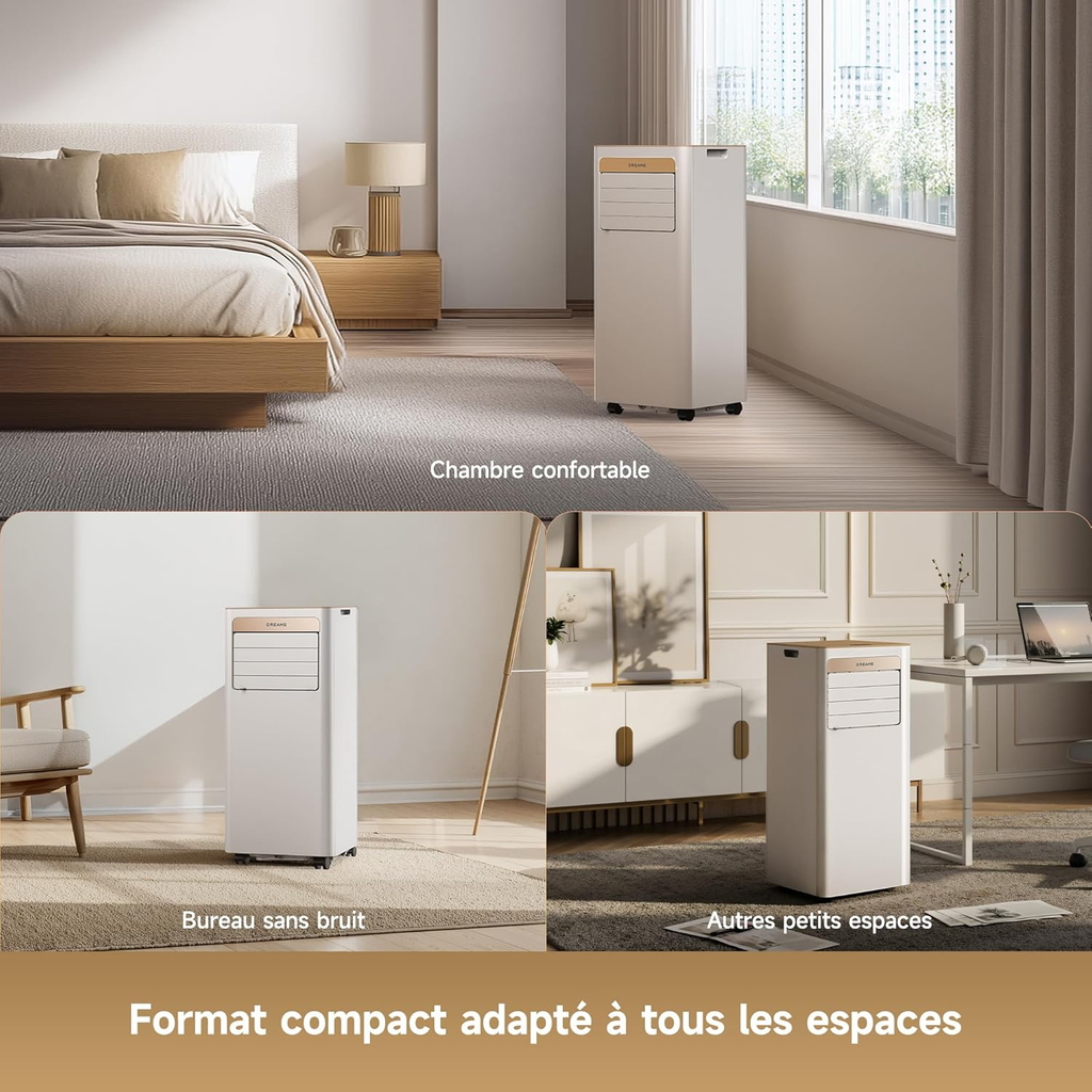 Climatiseur portable 3-en-1 : Refroidissement, Déshumidification et Ventilateur, flux d’air 3D, contrôle via appli et télécommande, mode sommeil, installation facile