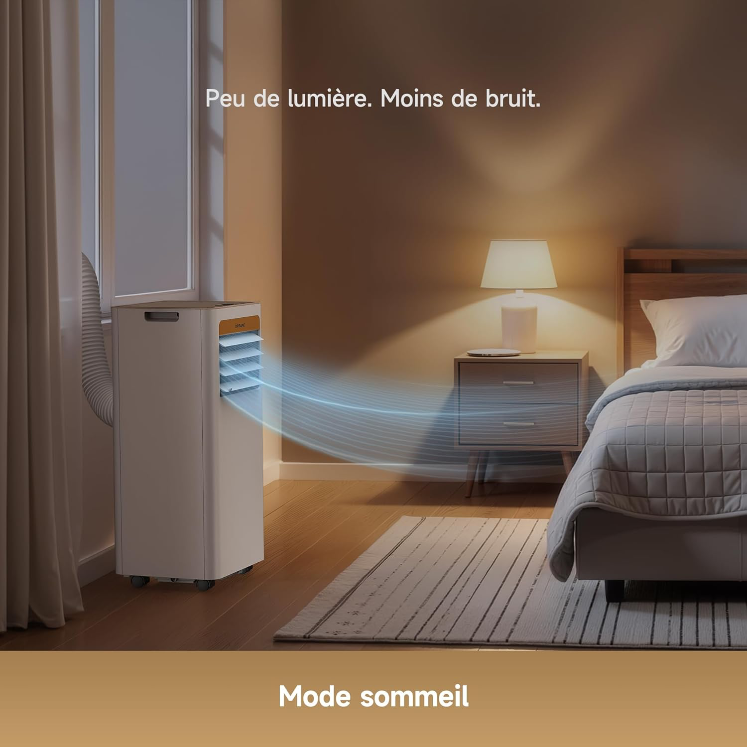 Climatiseur portable 3-en-1 : Refroidissement, Déshumidification et Ventilateur, flux d’air 3D, contrôle via appli et télécommande, mode sommeil, installation facile