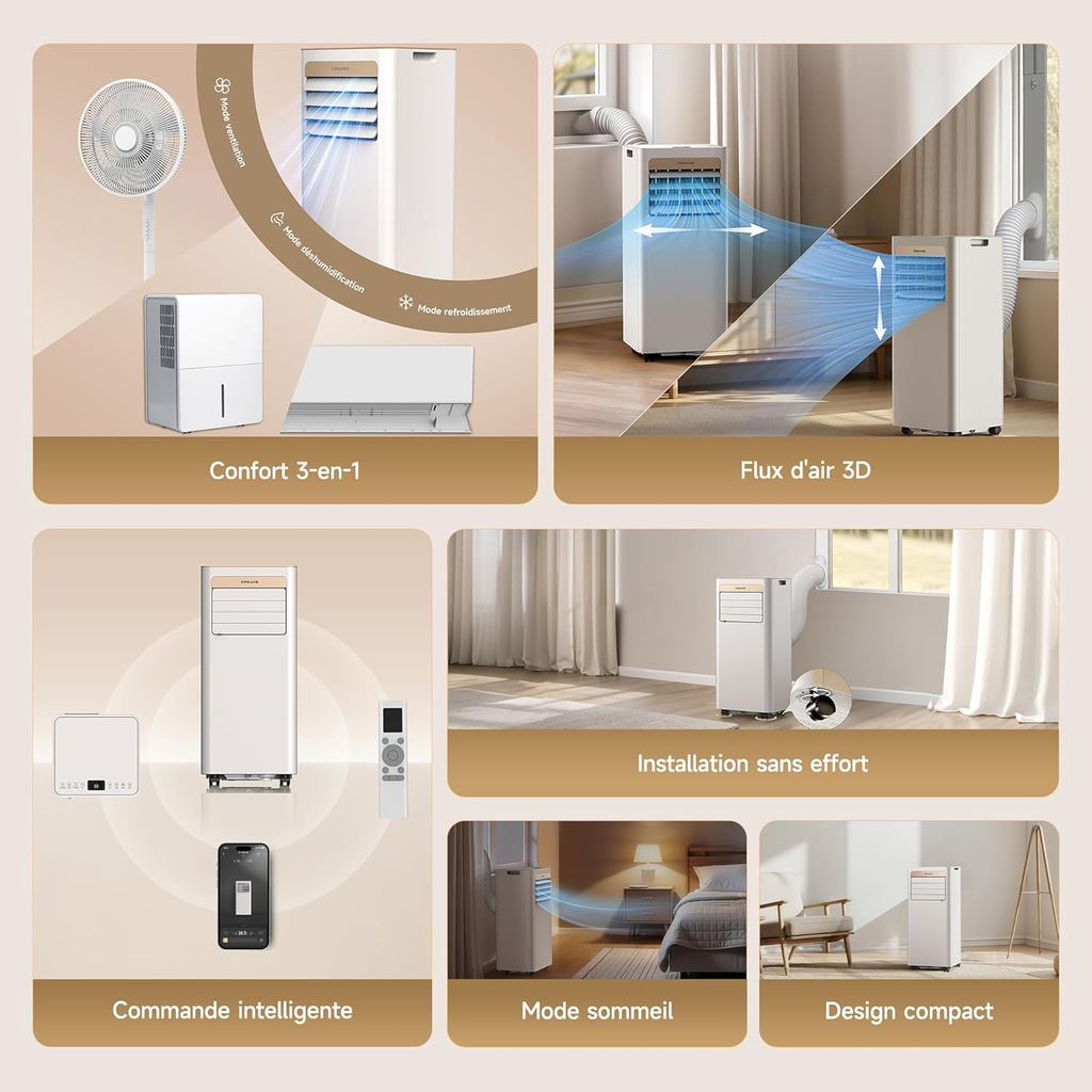 Climatiseur portable 3-en-1 : Refroidissement, Déshumidification et Ventilateur, flux d’air 3D, contrôle via appli et télécommande, mode sommeil, installation facile