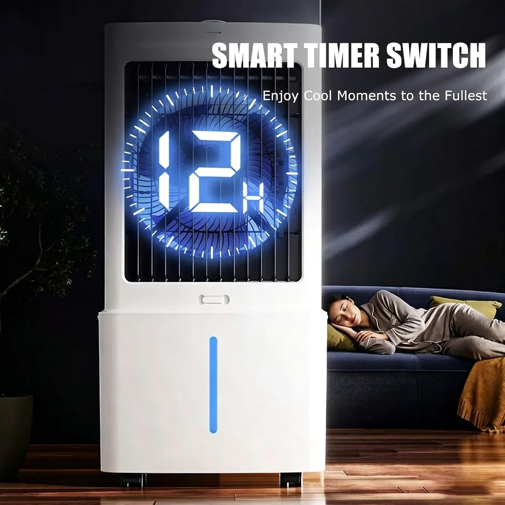 Rafraîchisseur d'Air, 3 Vitesses, Climatiseur Mobile avec Télécommande, avec 12L Réservoir amovible, Minuterie 1-12h, Oscillation 60°, Silencieux Climatiseur Portable pour Camping Chambre Cuisine
