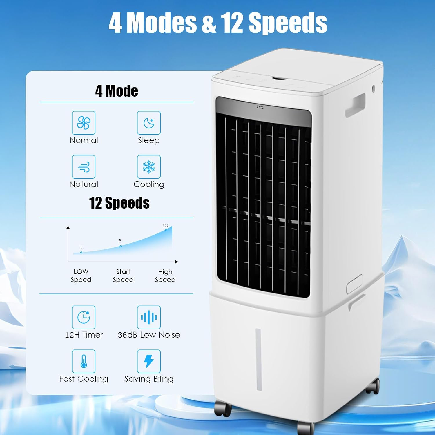 Rafraîchisseur d'Air, 3 Vitesses, Climatiseur Mobile avec Télécommande, avec 12L Réservoir amovible, Minuterie 1-12h, Oscillation 60°, Silencieux Climatiseur Portable pour Camping Chambre Cuisine
