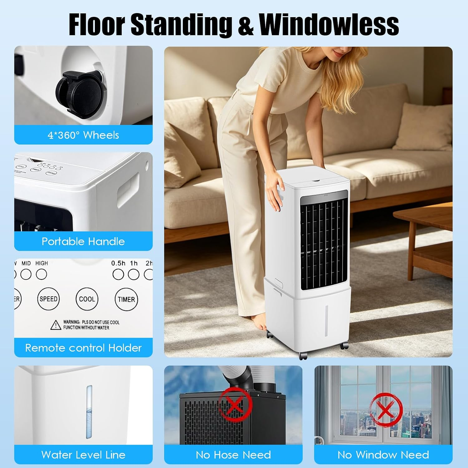 Rafraîchisseur d'Air, 3 Vitesses, Climatiseur Mobile avec Télécommande, avec 12L Réservoir amovible, Minuterie 1-12h, Oscillation 60°, Silencieux Climatiseur Portable pour Camping Chambre Cuisine