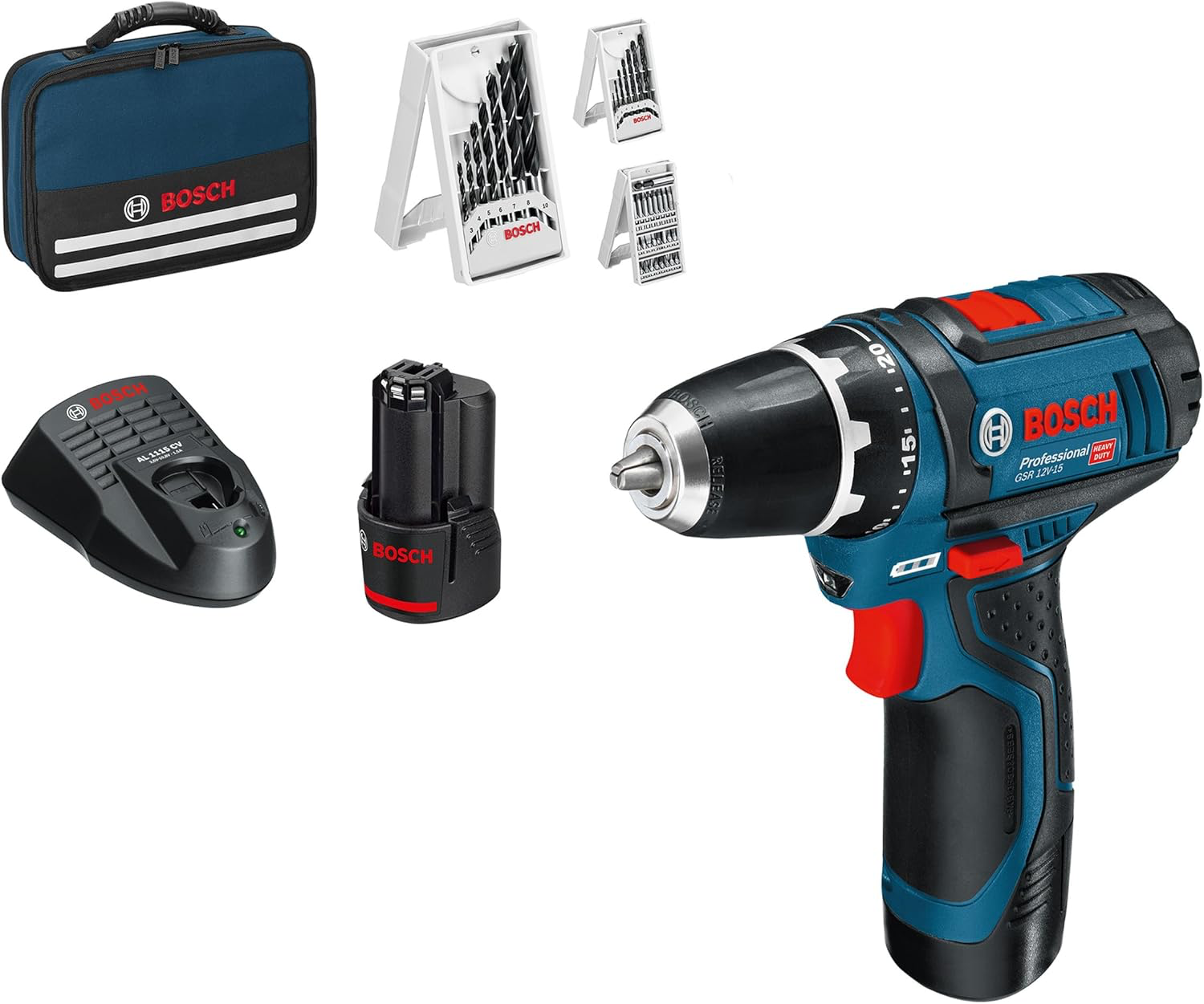 Bosch Professional 12V System perceuse-visseuse sans-fil GSR 12V-15 (avec 2 batteries 2,0 Ah, chargeur, set d’accessoires 39 pièces, sacoche d’outils)