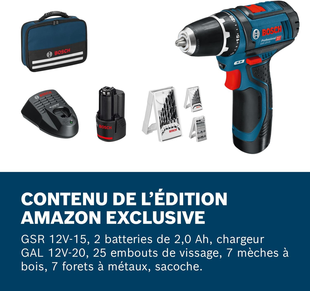 Bosch Professional 12V System perceuse-visseuse sans-fil GSR 12V-15 (avec 2 batteries 2,0 Ah, chargeur, set d’accessoires 39 pièces, sacoche d’outils)