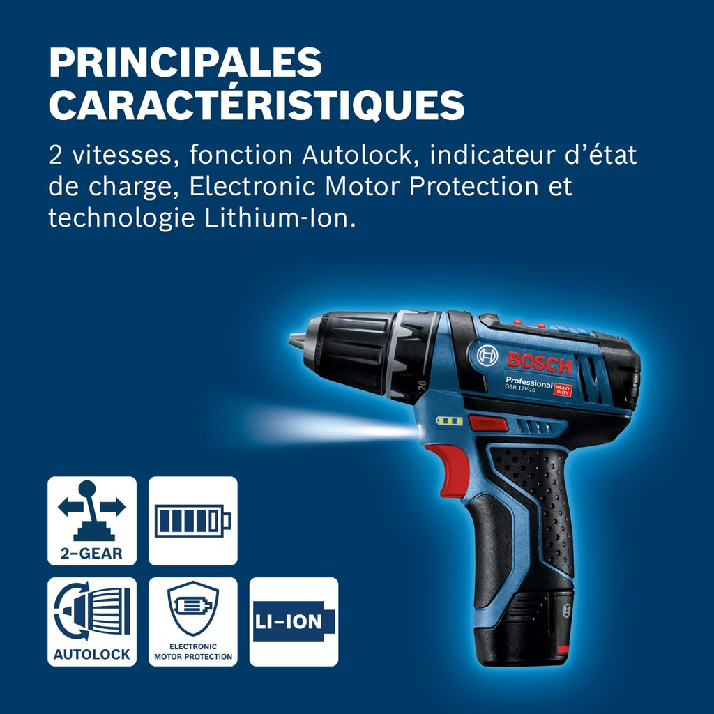 Bosch Professional 12V System perceuse-visseuse sans-fil GSR 12V-15 (avec 2 batteries 2,0 Ah, chargeur, set d’accessoires 39 pièces, sacoche d’outils)