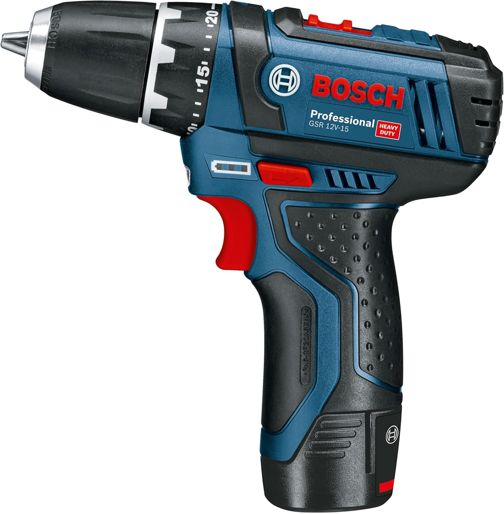 Bosch Professional 12V System perceuse-visseuse sans-fil GSR 12V-15 (avec 2 batteries 2,0 Ah, chargeur, set d’accessoires 39 pièces, sacoche d’outils)
